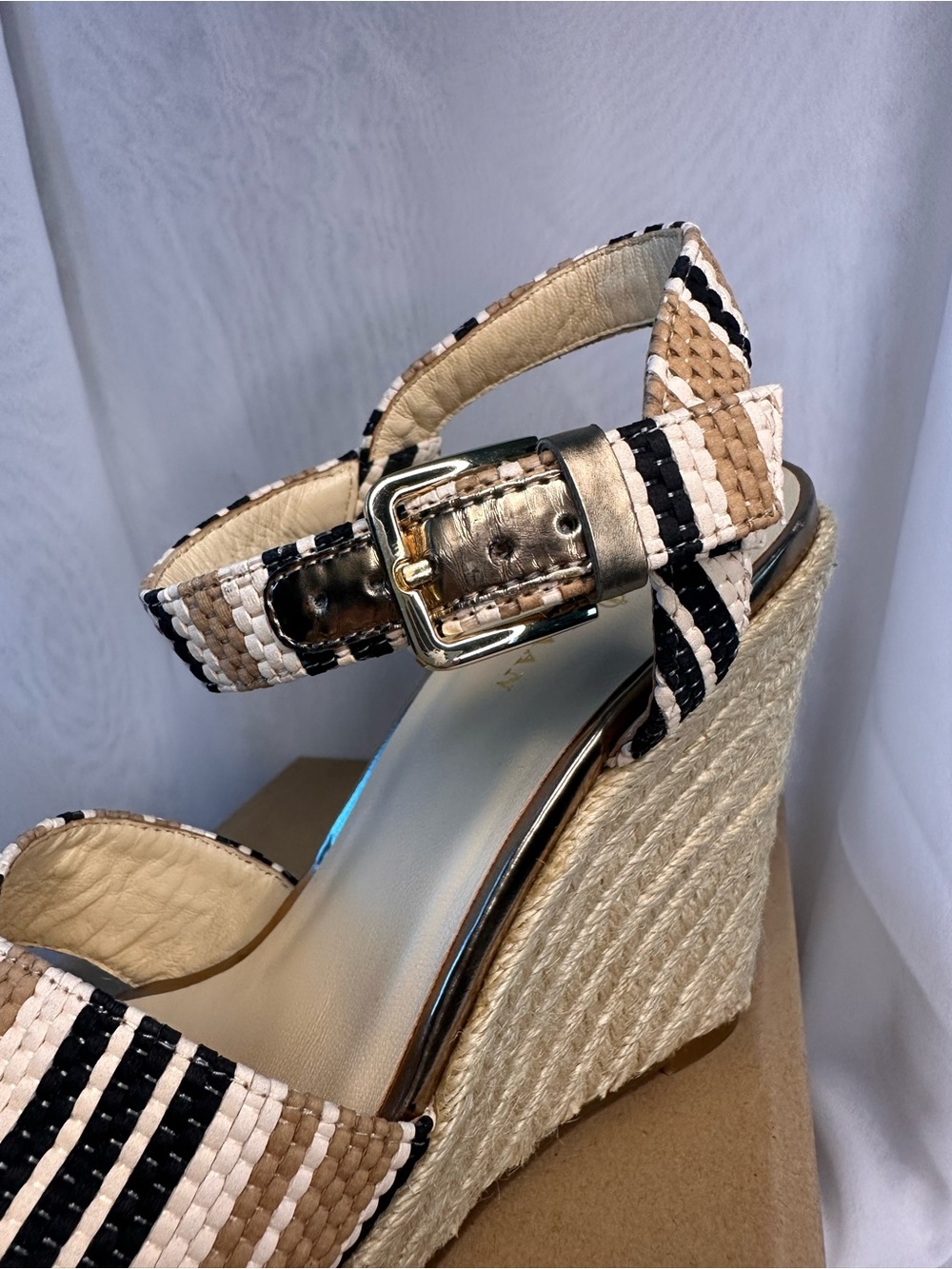Cole Haan Beige, Black & White Striped Woven Ankle-Strap Sandals - Picture 9 of 11